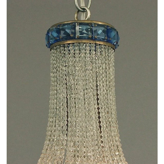 Art Deco 1920s Czech Beaded Basket Chandelier With Cobalt Glass Embellishments For Sale - Image 3 of 9