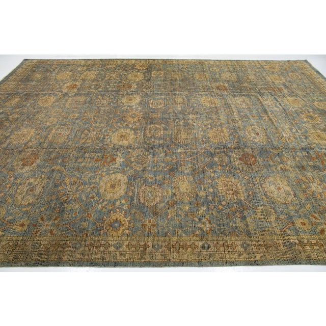 Contemporary 2010s Blue Oushak Wool Rug Modern Handmade With Allover Floral Motif For Sale - Image 3 of 10