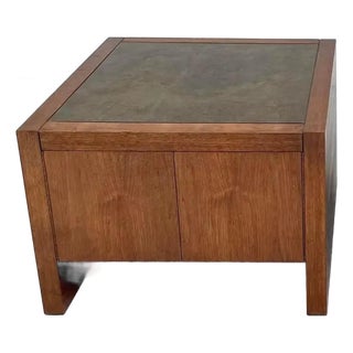 Mid-Century Modern Harry Lunstead Style Wood Cabinet Side Table With Etched Metal Top For Sale