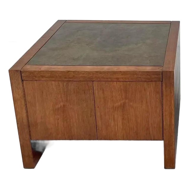 Mid-Century Modern Harry Lunstead Style Wood Cabinet Side Table With Etched Metal Top For Sale