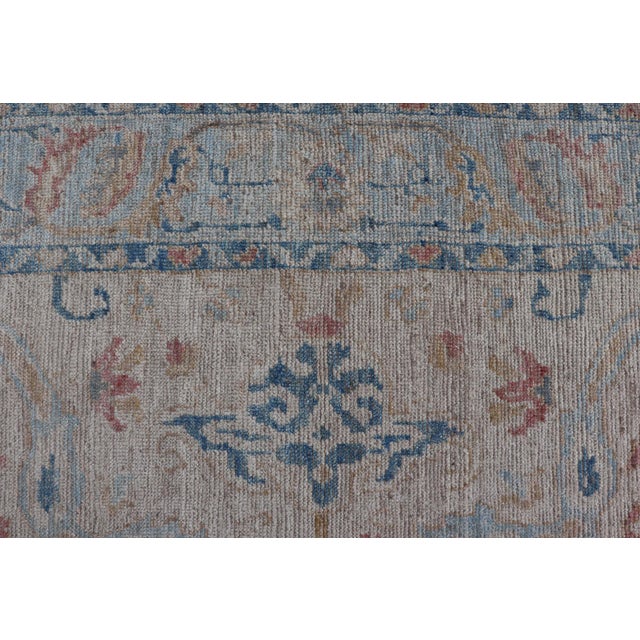 All-Over Hand Knotted Oushak Rug With Arabesque Design in Ivory and Blue Tones 4'11 X 6'10 For Sale - Image 10 of 12