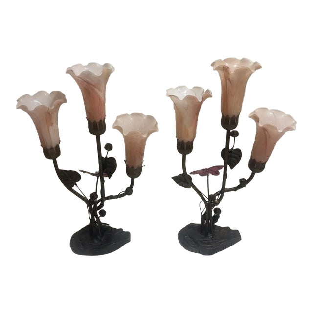 Vintage Table Lamps Pink Glass Tulip Flowers Bronze Butterflies Dale Tiffany Style Pair For Sale