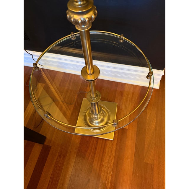 English Vintage Stiffel Brass Floor Lamp With Integrated Glass Drink Table Original Shade For Sale - Image 3 of 12