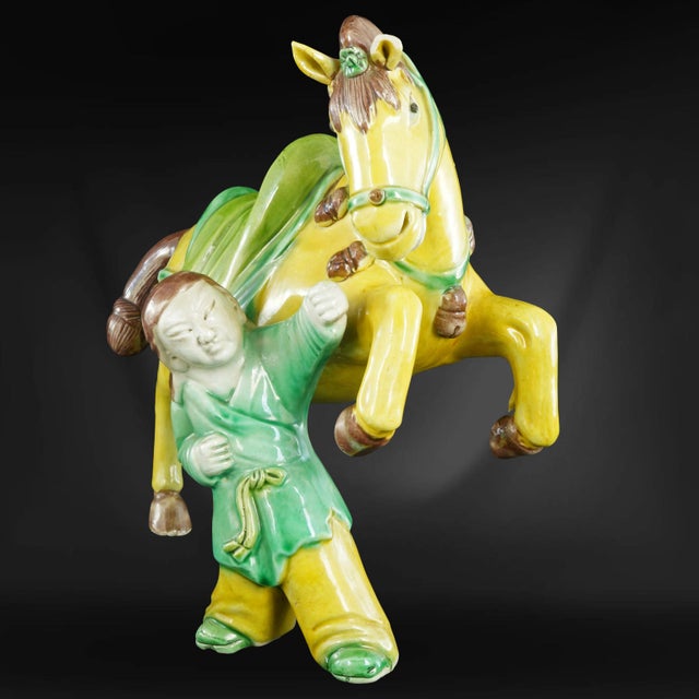 Mirror Pair of Chinese Porcelain Horse With Groom Figures Circa 1920