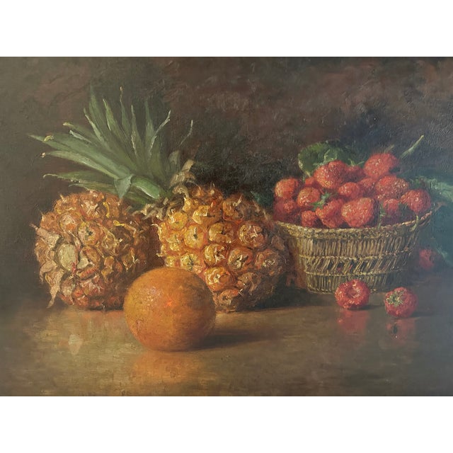 Lovely 19th Century American oil on canvas painting. Subject is pineapples, an orange and strawberries. Unsigned. Comes in...