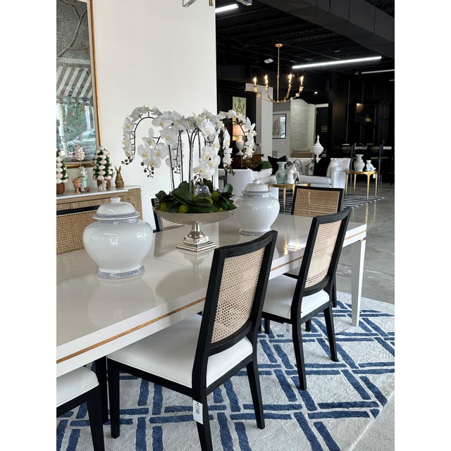 Italian White Lacquer Dining Table With Gold Accents W/ Leaf Extension For Sale - Image 4 of 5