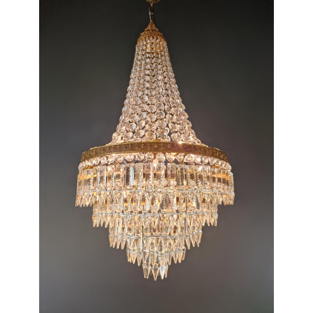 Art Nouveau Antique Crystal Basket Chandelier Empire Style Brass 4 Lights Circa 1920 For Sale - Image 3 of 9