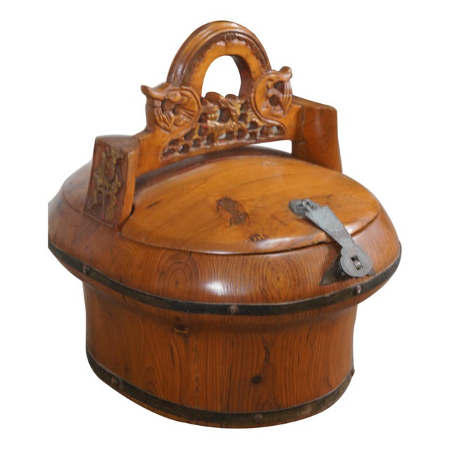 Antique Chinese Qing Dynasty Elm Carved Tea Caddy Holder Wedding Food Basket For Sale