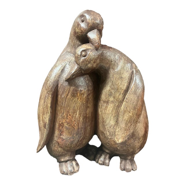 Vintage Large Hand Carved Wooden Penguin Couple Sculptural Statue For Sale