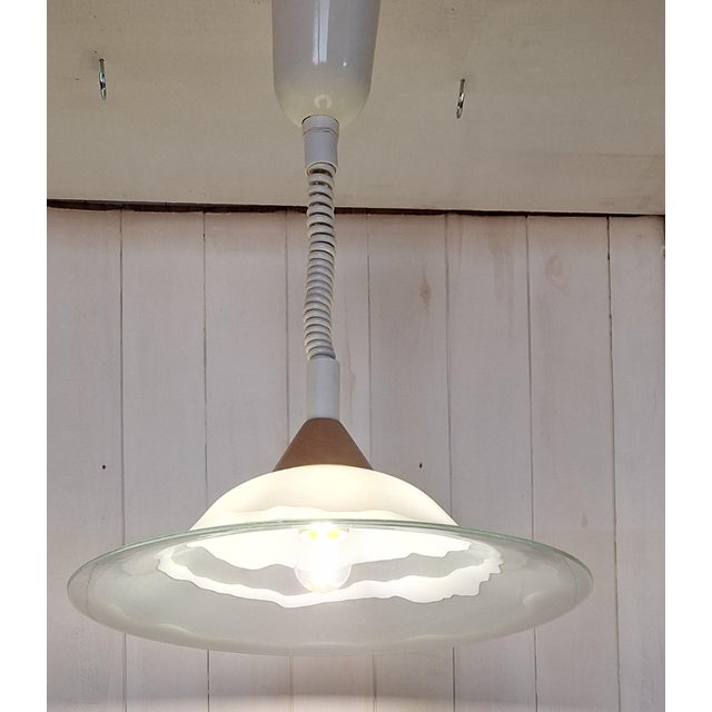 1980s Vintage Height-Adjustable Pendant Lamp with Matte Patterned Glass Shade on Beechwood Mount from H & H, 1980s For Sale - Image 5 of 8