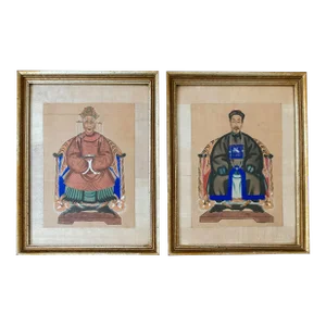 Mid 20th Century Chinese Pair Original Ancestor Portraits With Tiger Skin