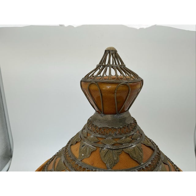 Vintage Moroccan Tagine Ceramic Silver Tone Filigree Metal Overlay Ornate For Sale - Image 4 of 10