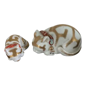 Japanese Meiji Kutani Porcelain Cat & Kitten Figures - A Pair