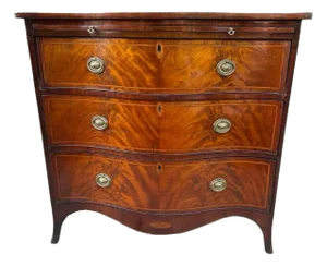 18th Century Antique English George III Flame or Book-Matched Figured Inlaid Mahogany Hepplewhite Style Serpentine Chest of Drawers