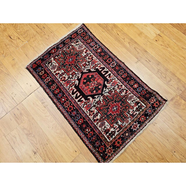 Vintage Persian Heriz Karajeh Rug, Hand-Knotted Wool, Geometric Pattern, Red & Ivory, 2x3 For Sale - Image 10 of 12