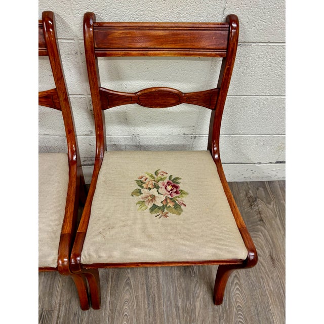 Duncan Phyfe Antique Regency / Duncan Phyfe Style Floral Needlepoint Dining Chairs - Pair For Sale - Image 4 of 9