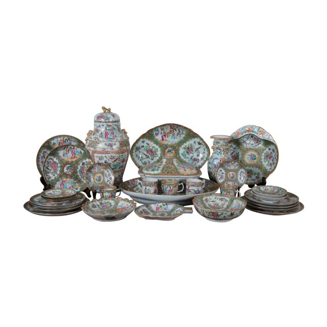 Antique 32 piece Chinese Export porcelain China featuring the Famille Rose Mandarin pattern. Set features a ginger jar...