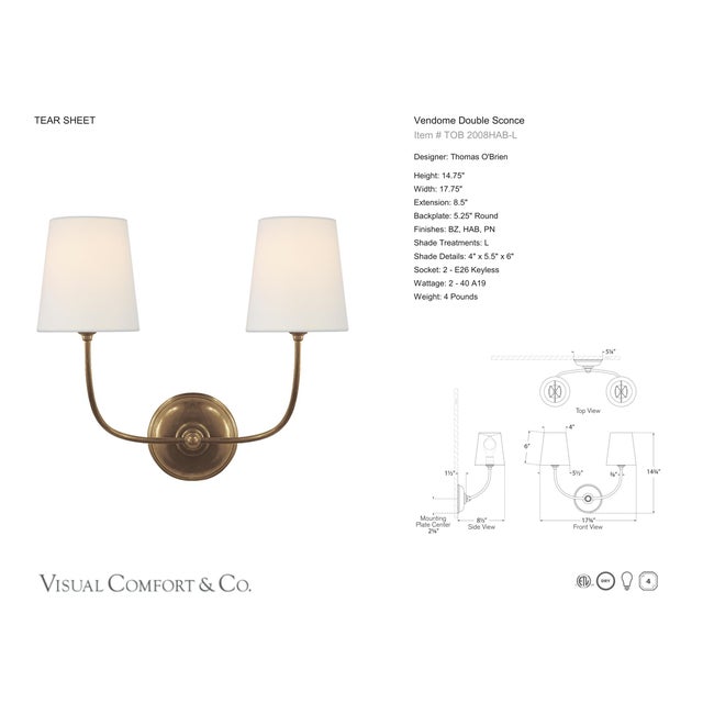 Modern Thomas O'Brien for Visual Comfort Signature Vendome Double Sconce in Hand-Rubbed Antique Brass with Linen Shades For Sale - Image 3 of 5