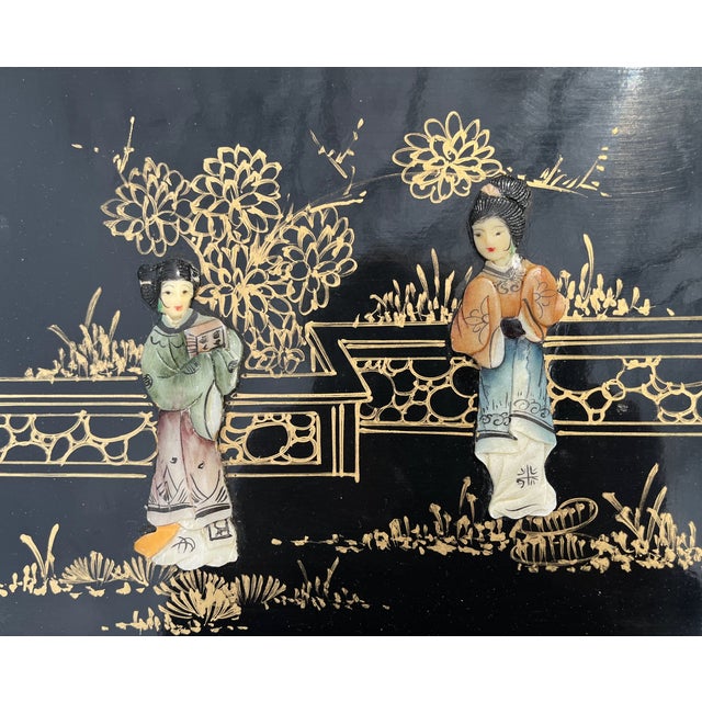 Black Set 4 Nesting Tables Chinoiserie Black Lacquer Soapstone Carved Figures For Sale - Image 8 of 9