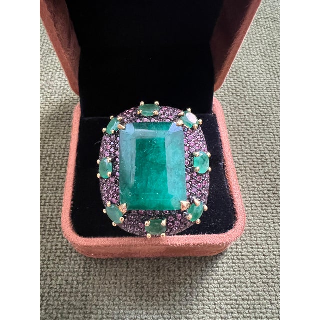 Bochic "Capri" 20 Emerald & Pink Fancy Sapphire Ring Set 18K Gold & Silver Natural Green Emerald from Zambia 20,00 carats...