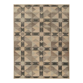 Distressed Style Deco Rug in Beige-Brown, Black Geometric Pattern by Rug & Kilim For Sale
