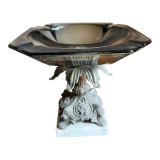 1950s Hollywood Regency Pedestal Centerpiece Bowl, Smoky Glass Ashtray on Marble Base For Sale