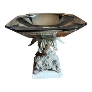 1950s Hollywood Regency Pedestal Centerpiece Bowl, Smoky Glass Ashtray on Marble Base