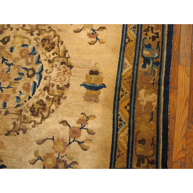 1870s Beige Medallion Floral Antique Chinese Ningxia Rug 5'0" X 8'0" Handknotted Wool Carpet For Sale - Image 4 of 6