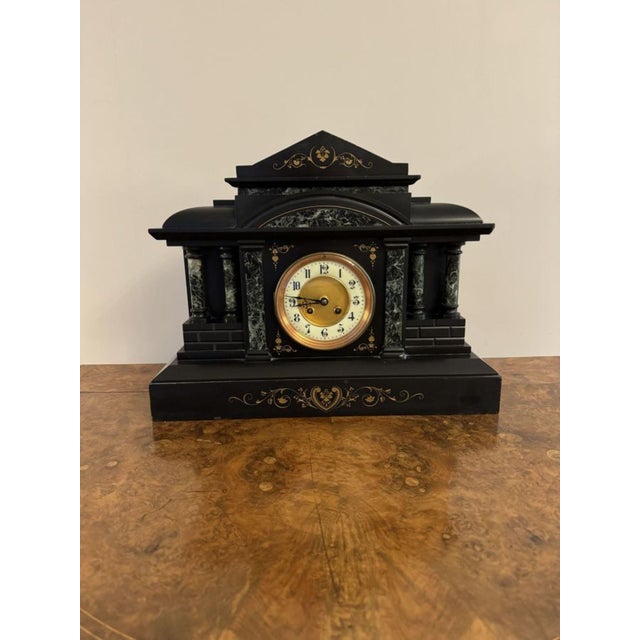 Outstanding quality large antique marble mantle clock, Having an outstanding quality marble case with green columns and...