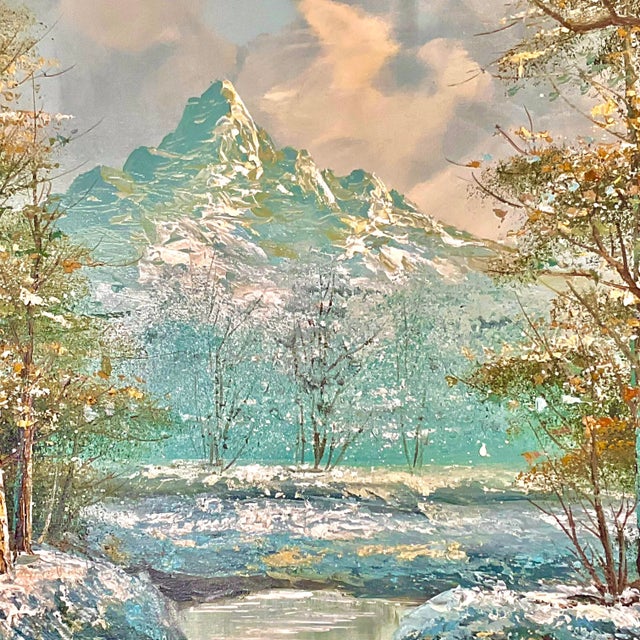 Tiffany Blue 1982 Vintage Impressionist Original Oil Painting, Snowy Winter Creek Landscape, Framed. For Sale - Image 8 of 11