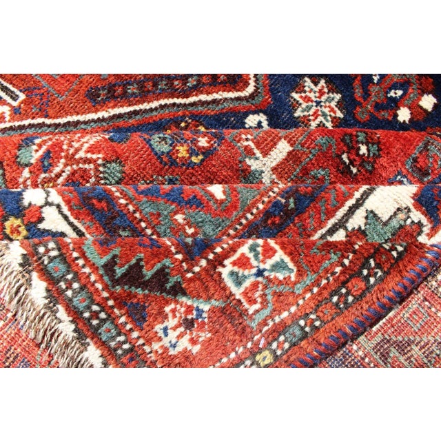 Early 20th Century Antique Persian Shiraz Rug With Tri-Medallion Geometrics in Royal Blue and Red For Sale - Image 12 of 13