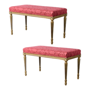 Louis XVI Gilt Wood Upholstered Benches, a- Pair