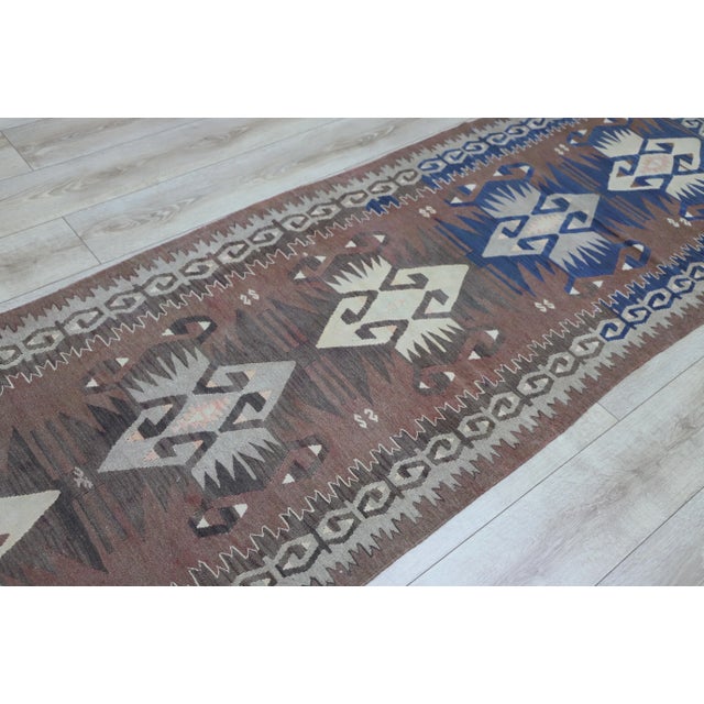 Textile 1980s Tribal Brown Handmade Runner Kelim For Sale - Image 7 of 10
