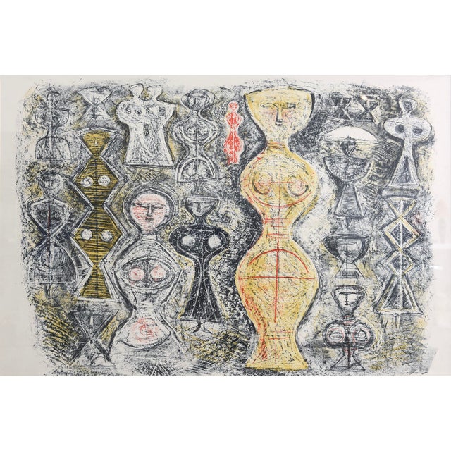 Wood Vintage Italian Massimo Campigli Stone Lithograph Titled Femme Sur Fond Bleu For Sale - Image 7 of 12