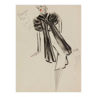 Vintage French Fashion Art Print – Black Banded Coat Illustration, 24" X 32" For Sale
