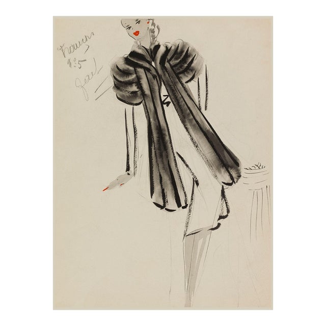 Vintage French Fashion Art Print – Black Banded Coat Illustration, 24" X 32" For Sale