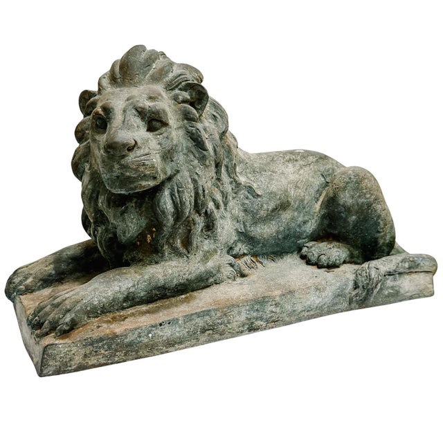 Grand Scale Vintage Continental European Patinated Bronze Recumbent Lions - Pair For Sale - Image 4 of 18