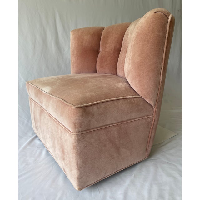 Art Deco Swivel Club Chair Blush Pink Velvet Curved Back, Usa, 1950s For Sale - Image 4 of 7