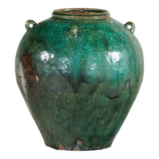 Antique Thai Green-Glazed Water Jar Planter with Loop Handles For Sale