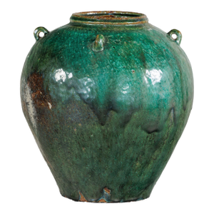 Antique Thai Green-Glazed Water Jar Planter with Loop Handles