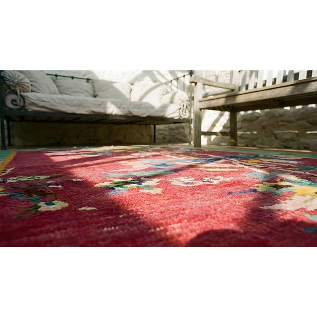Amazing Pink Blush Color and Turquoise Teal Border With Floral Design Antique Chinese Art Deco Rug For Sale - Image 12 of 14