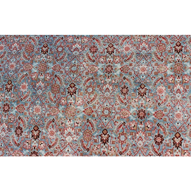 Textile Early 20th Century Antique Persian Tabriz Rug With All-Over Geometric Design in Light Blue and Rose Red For Sale - Image 7 of 12