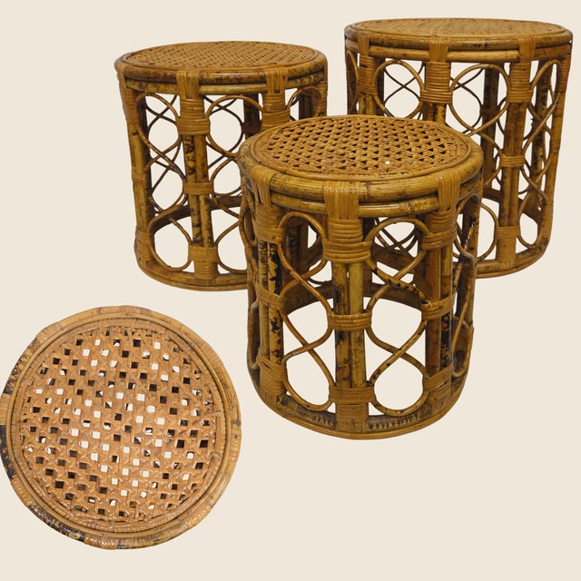 Mid-Century Modern 1970s Mid-Century Bamboo & Rattan Nesting Tables or Stools – Set of 3 For Sale - Image 3 of 4