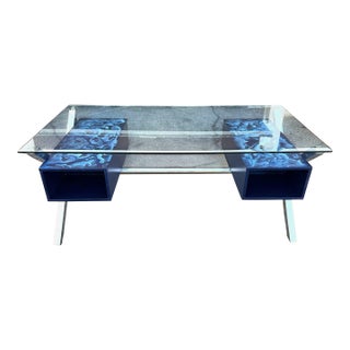 Modern Custom Desk With Tempered Glass Top & Blue Resin Inlay on Glossy Navy Pedestals For Sale