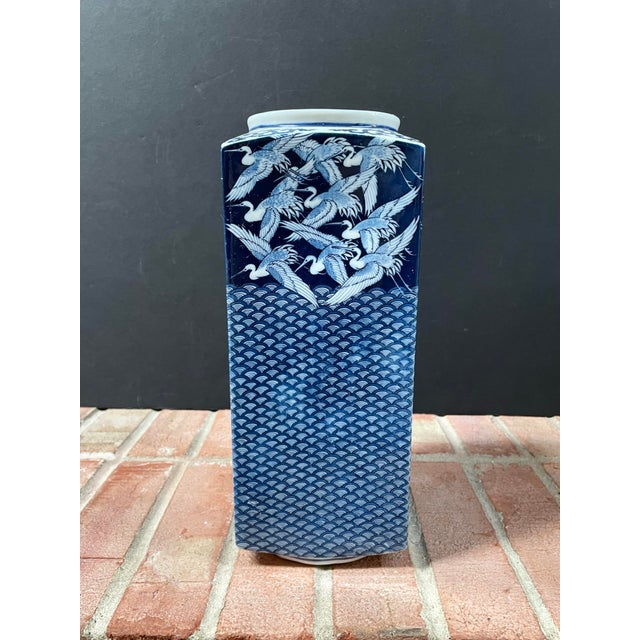 Late 20th Century Vintage Japanese Blue & White Flying Cranes Rectangular Porcelain Vase - 12” Tall For Sale - Image 5 of 8