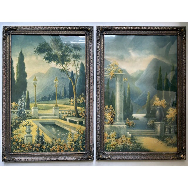 Two J. A. La Bretton garden landscape framed colored Lithographs. Featuring 2 (13.5" x 21.5") rectangular prints in period...