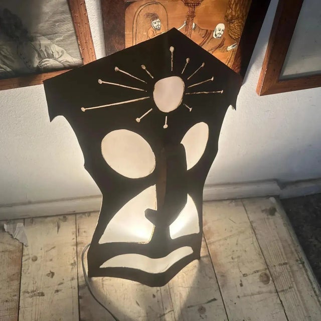 1980s Modernist Brass and White Plexiglass Tribal Mask Wall Light For Sale - Image 6 of 12