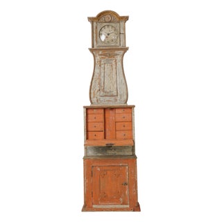Swedish Narrow Longcase Clock Cabinet with Bureau and Drawers For Sale