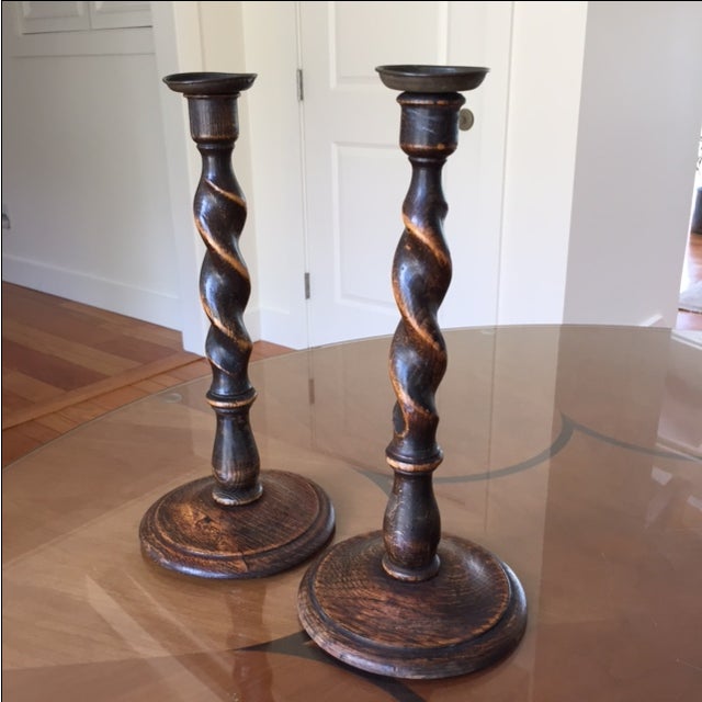 Antique Oak Barley Twist Candle Holders Pair Chairish