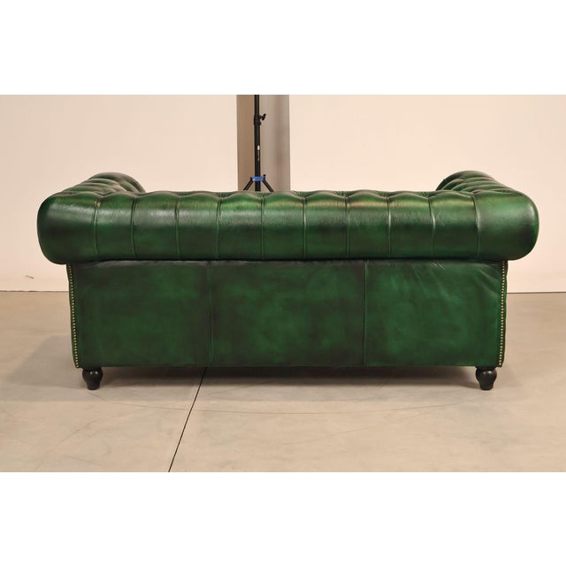 Chesterfield Style Green Leather Sofa For Sale - Image 13 of 16